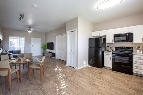 a kitchen and living room with a table and chairs